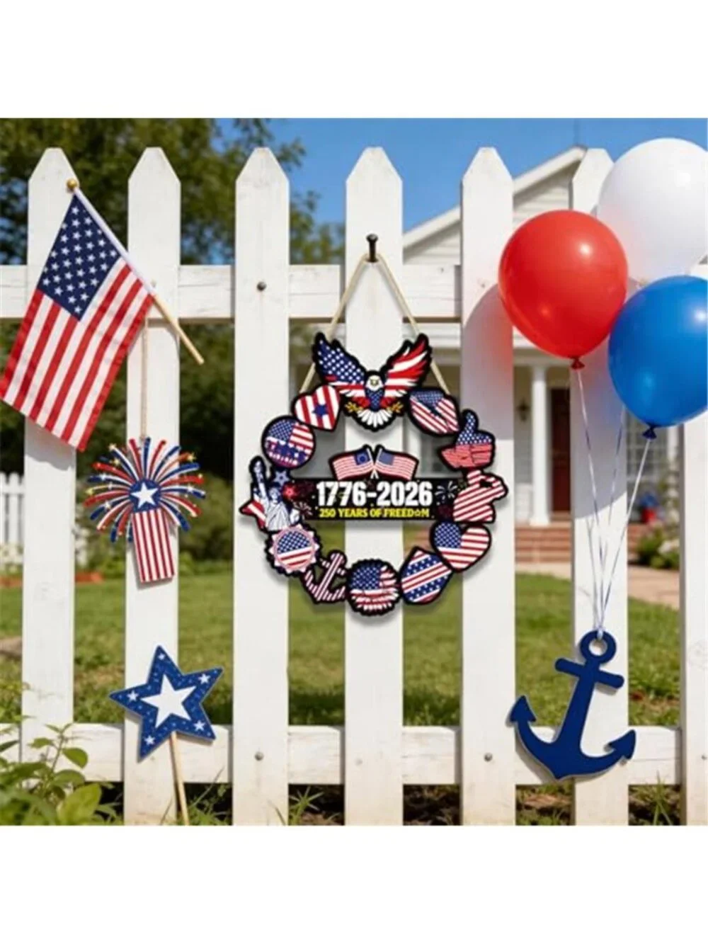 4th of July Door Wreath Wooden American Patriotic Hanging Sign Decor
